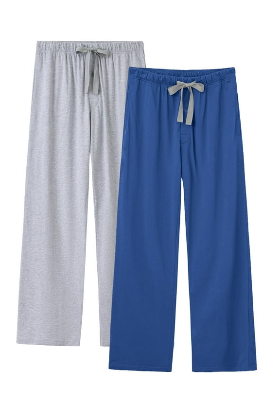 100% Cotton Mens Pajama Pants Lightweight Sleep Lounge Bottoms Elastic Waistband Button Fly With Pockets (Light Gray/Dark Blue,L)