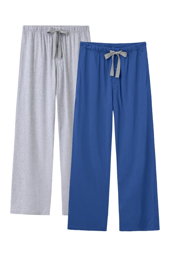 100% Cotton Mens Pajama Pants Lightweight Sleep Lounge Bottoms Elastic Waistband Button Fly With Pockets (Light Gray/Dark Blue,XL)