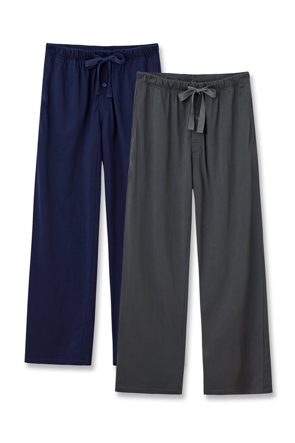 100% Cotton Mens Pajama Pants Lightweight Sleep Lounge Bottoms Elastic Waistband Button Fly With Pockets (Navy Blue/Dark Grey,XL)