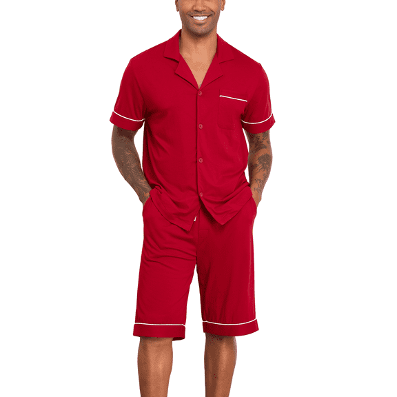 ANLIQI 100% Cotton Mens Pajamas Set Short Sleeve Sleepwear Button Down Loungewear Soft Pj Set with Pockets (Cherry,M)