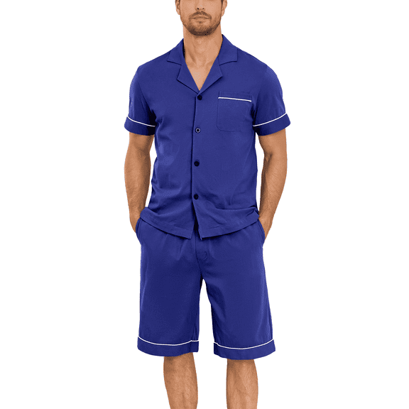 ANLIQI 100% Cotton Mens Pajamas Set Short Sleeve Sleepwear Button Down Loungewear Soft Pj Set with Pockets (Cobalt Blue,L)