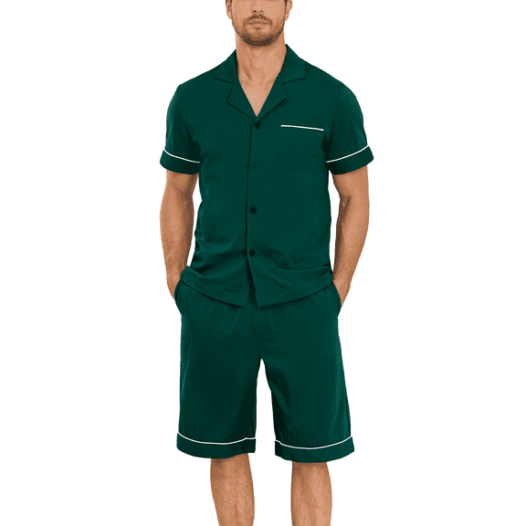 ANLIQI 100% Cotton Mens Pajamas Set Short Sleeve Sleepwear Button Down Loungewear Soft Pj Set with Pockets (Green,S)