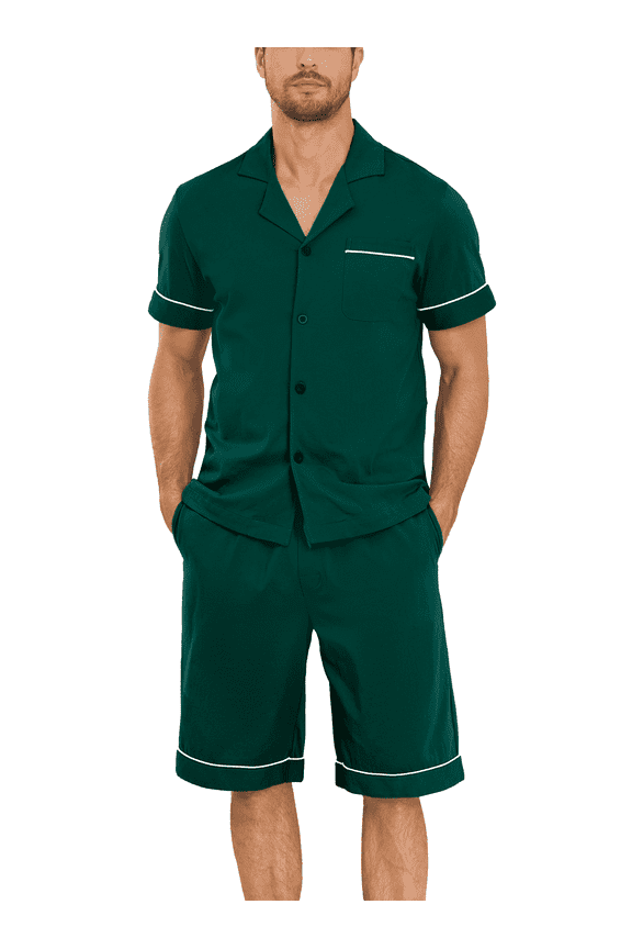 100% Cotton Mens Pajamas Set Short Sleeve Sleepwear Button Down Loungewear Soft Pj Set with Pockets (Green,XL)