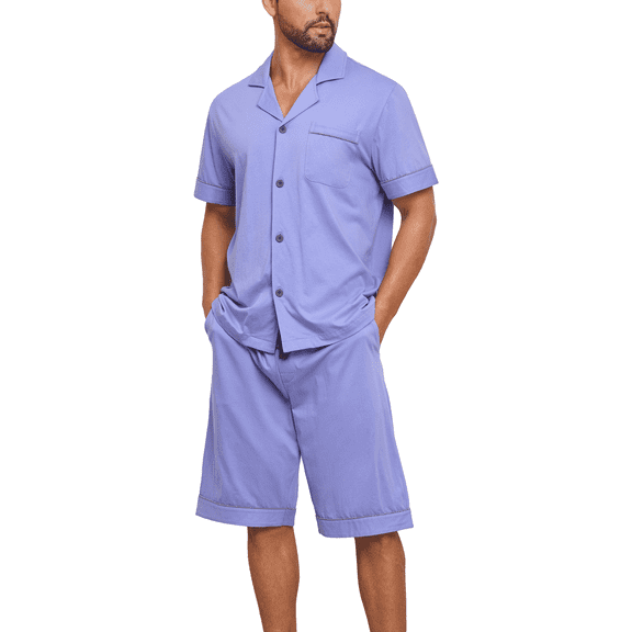 ANLIQI 100% Cotton Mens Pajamas Set Short Sleeve Sleepwear Button Down Loungewear Soft Pj Set with Pockets (Purple,S)