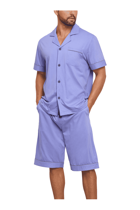 100% Cotton Mens Pajamas Set Short Sleeve Sleepwear Button Down Loungewear Soft Pj Set with Pockets (Purple,S)