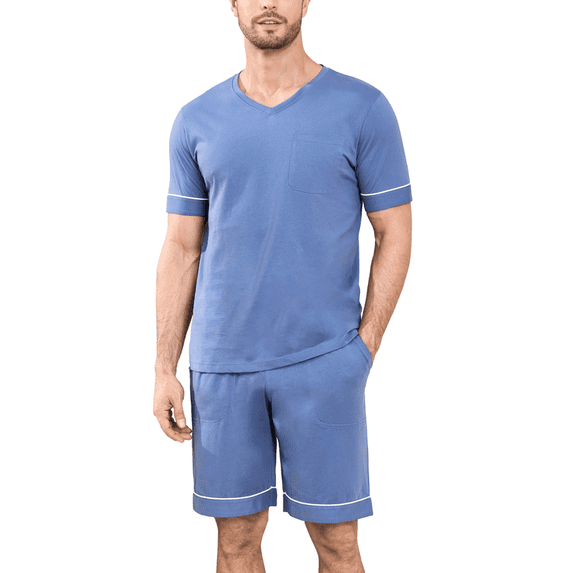ANLIQI Mens 100% Cotton Pajamas Set Summer Short Sleeve Sleepwear Soft Shorts Pjs with Pockets 2 Piece Lounge Set Nightwear(Blue,S)