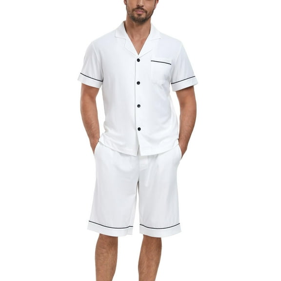 ANLIQI 100% Cotton Mens Pajamas Set Shorts Button Down Sleepwear Short Sleeve Nightwear Summer Pjs with Pockets (White,L)