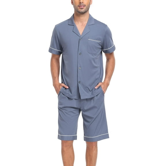 ANLIQI 100% Cotton Mens Pajamas Set Shorts Button Down Sleepwear Short Sleeve Nightwear Summer Pjs with Pockets (charcoal grey,M)