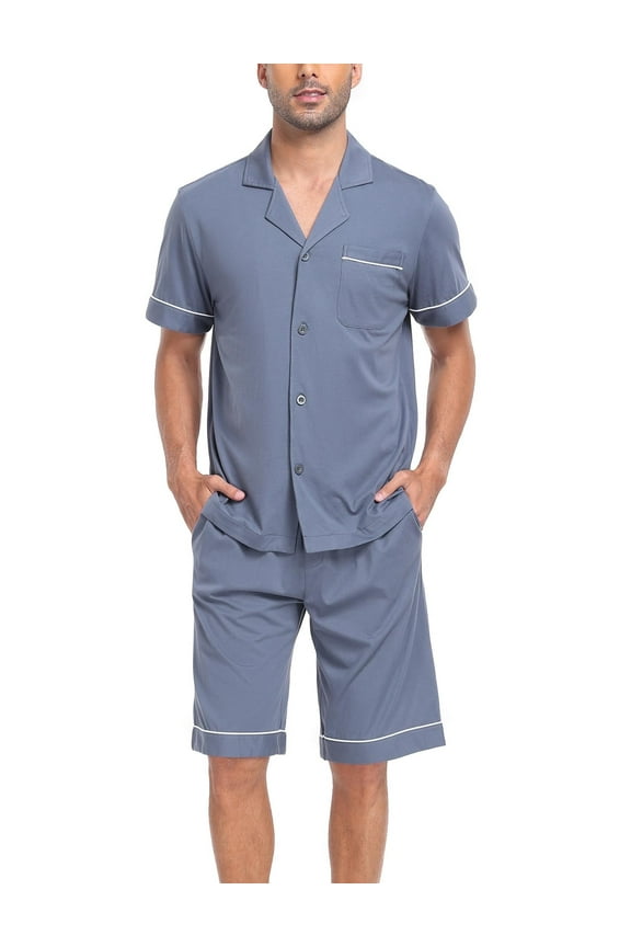 100% Cotton Mens Pajamas Set Shorts Button Down Sleepwear Short Sleeve Nightwear Summer Pjs with Pockets (charcoal grey,XL)