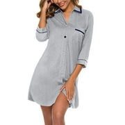 ANLIQI Womens Cotton Nightgown Sexy Button Down Night Shirts Soft Summer Sleep Shirt Ladies Comfy Night Dress (Grey, 2XL)