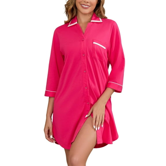 ANLIQI Womens Cotton Nightgown Sexy Button Down Night Shirts Soft Summer Sleep Shirt Ladies Comfy Night Dress (Hot Pink,M)