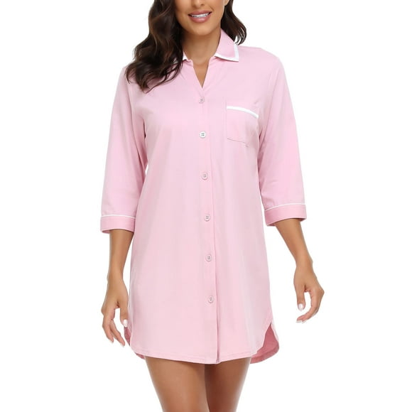 ANLIQI 100% Cotton Night Shirts for Women Button Down Nightgown Soft Sleep Shirt Comfy Night Dress (Pink, 2XL)