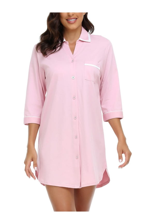 Womens Cotton Nightgown Sexy Button Down Night Shirts Soft Summer Sleep Shirt Ladies Comfy Night Dress (Pink, XL)
