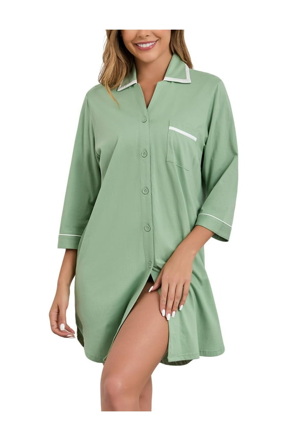 Womens Cotton Nightgown Sexy Button Down Night Shirts Soft Summer Sleep Shirt Ladies Comfy Night Dress (Sage Green,M)