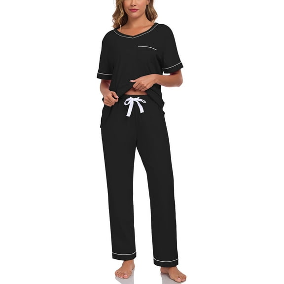ANLIQI 100% Cotton Pajamas for Women Short Sleeve Sleepwear & Pants 2 Piece Pjs Loungewear Pj Set with Pocket S-XXL(Black,L)