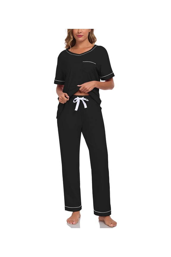 100% Cotton Pajamas for Women Short Sleeve Sleepwear & Pants 2 Piece Pjs Loungewear Pj Set with Pocket S-XXL(Black,S)