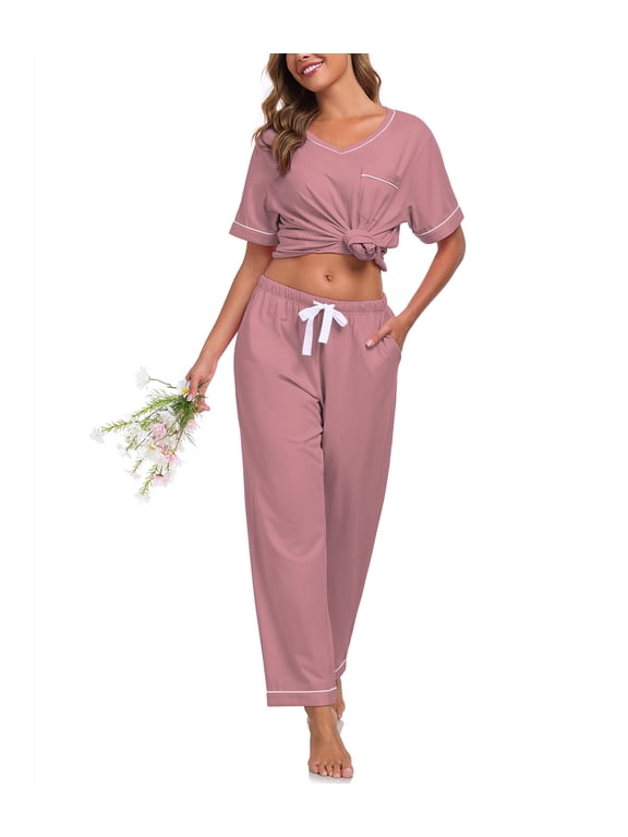 100% Cotton Pajamas for Women Short Sleeve Sleepwear & Pants 2 Piece Pjs Loungewear Pj Set with Pocket S-XXL(Dusty Rose,M)