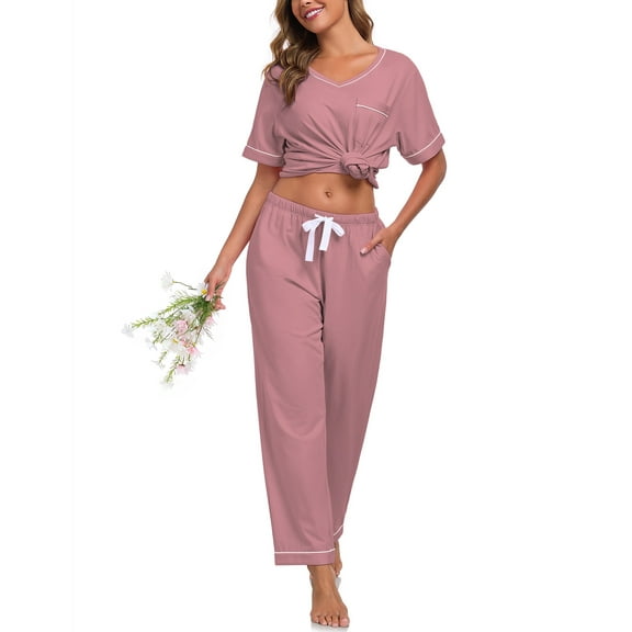 ANLIQI 100% Cotton Pajamas for Women Short Sleeve Sleepwear & Pants 2 Piece Pjs Loungewear Pj Set with Pocket S-XXL(Dusty Rose,S)