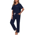 thumbnail image 1 of ANLIQI 100% Cotton Pajamas for Women Short Sleeve Sleepwear & Pants 2 Piece Pjs Loungewear Pj Set with Pocket S-XXL(Navy Blue,2XL), 1 of 7