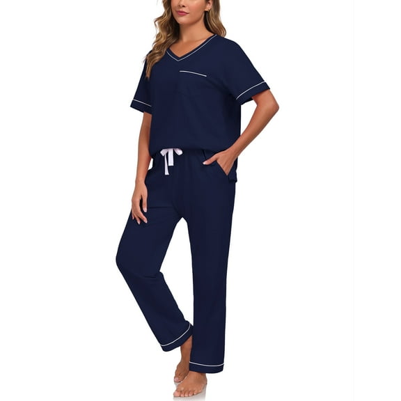 ANLIQI 100% Cotton Pajamas for Women Short Sleeve Sleepwear & Pants 2 Piece Pjs Loungewear Pj Set with Pocket S-XXL(Navy Blue,XL)
