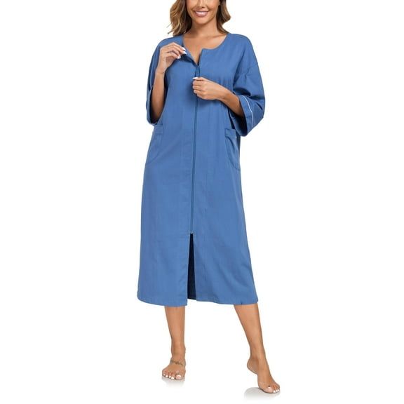 ANLIQI 100% Cotton Zipper Robes for Women 3/4 Sleeve Bathrobe Lightweight with Pockets Loungewear(Blue,M)