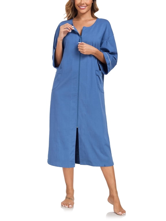 100% Cotton Zipper Robes for Women 3/4 Sleeve Bathrobe Lightweight with Pockets Loungewear(Blue,M)