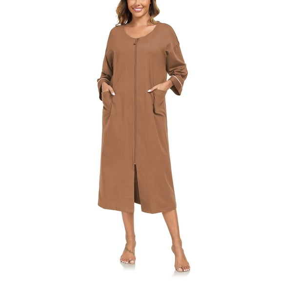 ANLIQI 100% Cotton Zipper Robes for Women 3/4 Sleeve Bathrobe Lightweight with Pockets Loungewear(Brown,L)