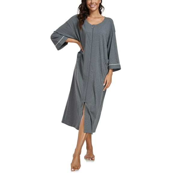 ANLIQI 100% Cotton Zipper Robes for Women 3/4 Sleeve Bathrobe Lightweight with Pockets Loungewear(Dark Grey,M)