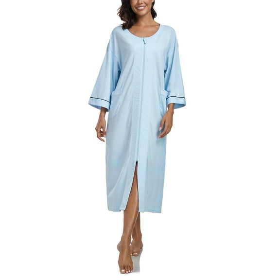 ANLIQI 100% Cotton Zipper Robes for Women 3/4 Sleeve Bathrobe Lightweight with Pockets Loungewear(Light Blue,XL)