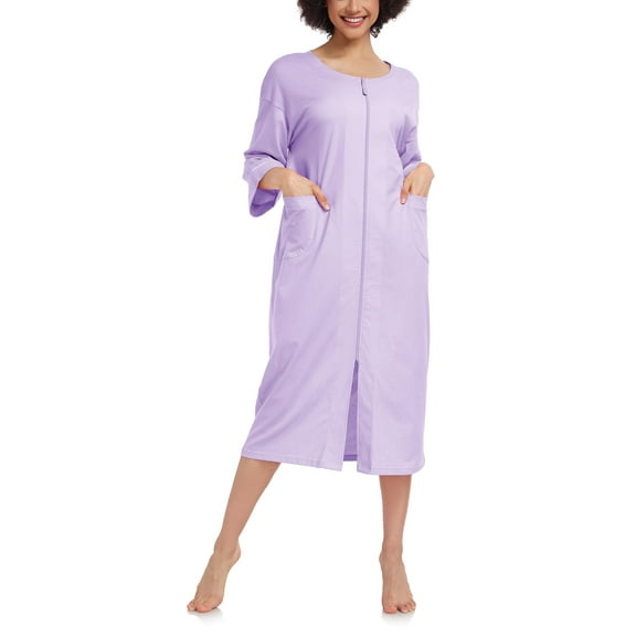 ANLIQI 100% Cotton Zipper Robes for Women 3/4 Sleeve Bathrobe Lightweight with Pockets Loungewear(Light Purple,M)