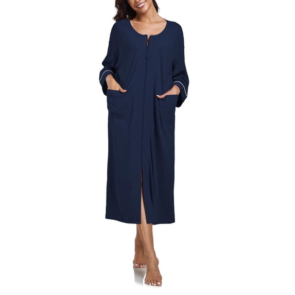 ANLIQI 100% Cotton Zipper Robes for Women 3/4 Sleeve Bathrobe Lightweight with Pockets Loungewear(Navy Blue,XL)