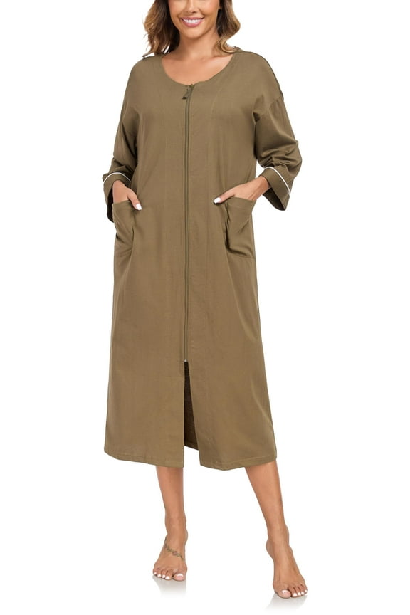 100% Cotton Zipper Robes for Women 3/4 Sleeve Bathrobe Lightweight with Pockets Loungewear(Olive green,2XL)