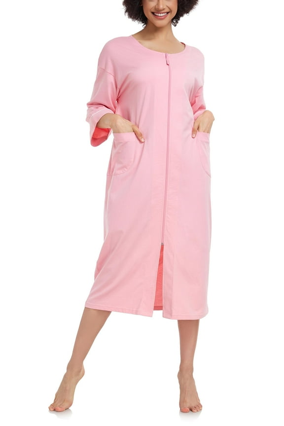 100% Cotton Zipper Robes for Women 3/4 Sleeve Bathrobe Lightweight with Pockets Loungewear(Pink,XL)