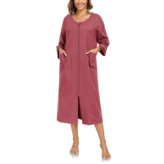 ANLIQI 100% Cotton Zipper Robes for Women 3/4 Sleeve Bathrobe Lightweight with Pockets Loungewear(Purplish Red,2XL)