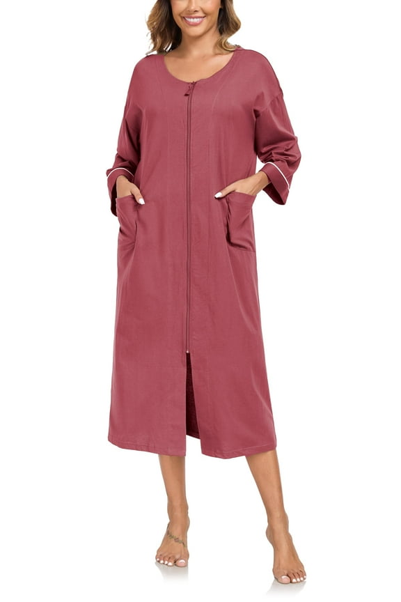 100% Cotton Zipper Robes for Women 3/4 Sleeve Bathrobe Lightweight with Pockets Loungewear(Purplish Red,L)