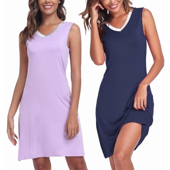 ANLIQI Bamboo Nightgown for Women Sleeveless SleepShirt V Neck Nightshirt Comfy SleepShirt Casual Pajama Dress(Navy&Light Purple,M)