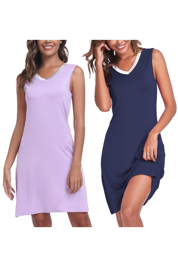 Bamboo Nightgown for Women Sleeveless SleepShirt V Neck Nightshirt Comfy SleepShirt Casual Pajama Dress(Navy&Light Purple,M)