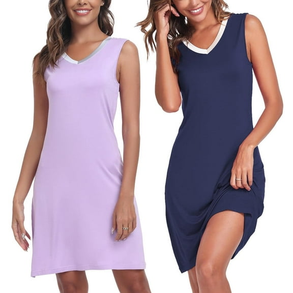 ANLIQI Bamboo Nightgown for Women Sleeveless SleepShirt V Neck Nightshirt Comfy SleepShirt Casual Pajama Dress(Navy&Light Purple,S)