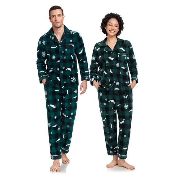 ANLIQI Couple's Christmas Flannel Pajama Set Soft & Warm Button-Down Loungewear with Thoughtful Pocket Design(GP_M)