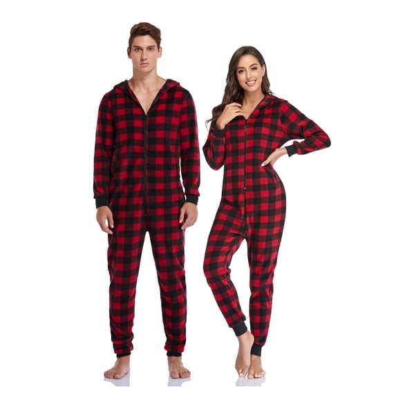ANLIQI Couples Matching Christmas Pajamas Sets Hooded Fleece Zipper Plaid Pjs Set Union Suits Soft Warm Jumpsuit(Womens, DR, L)