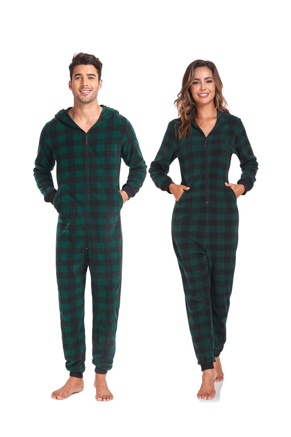 Couples Matching Christmas Pajamas Sets Hooded Fleece Zipper Plaid Pjs Set Union Suits Soft Warm Jumpsuit(Womens, GN, S)