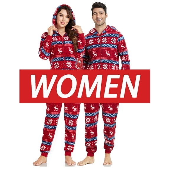 ANLIQI Couples Matching Christmas Pajamas Sets Hooded Fleece Zipper Plaid Pjs Set Union Suits Soft Warm Jumpsuit(Womens, SF, S)