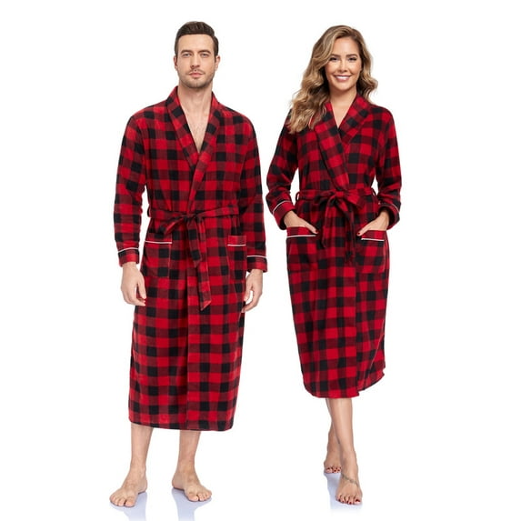 ANLIQI Couples Matching Chritsmas Robes Soft Fleece Red Plaid Robe Long Cozy Warm Bathrobe with Pockets (Mens,DR, L)