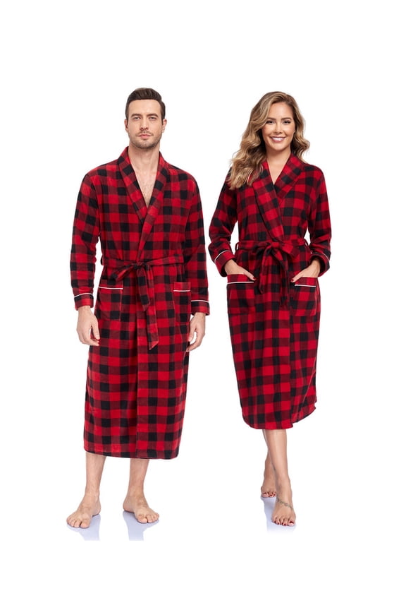 Couples Matching Chritsmas Robes Soft Fleece Red Plaid Robe Long Cozy Warm Bathrobe with Pockets (Mens,DR, M)