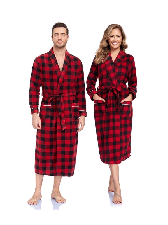 Couples Matching Chritsmas Robes Soft Fleece Red Plaid Robe Long Cozy Warm Bathrobe with Pockets (Mens,DR, M)