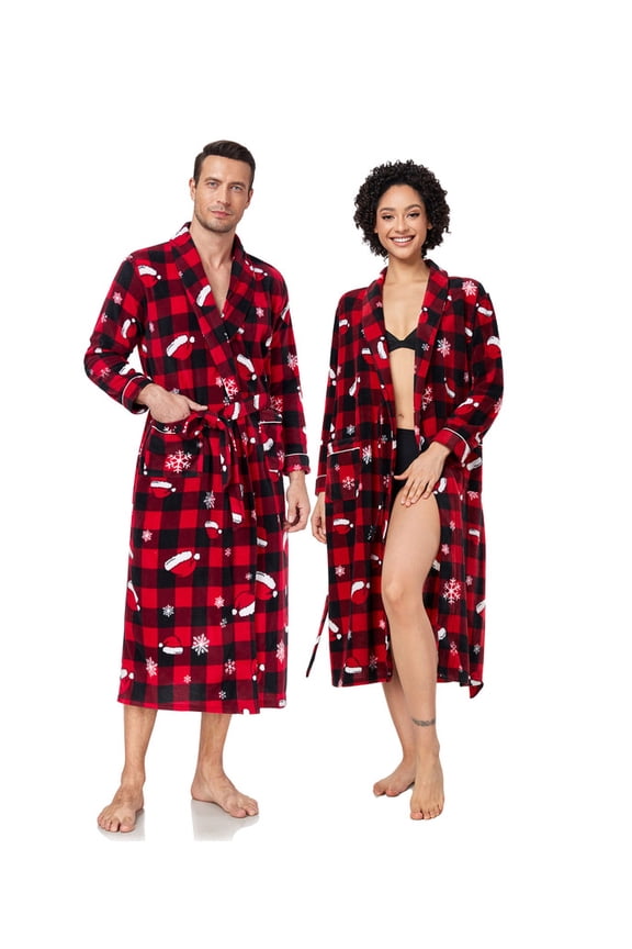 Couples Matching Chritsmas Robes Soft Fleece Red Plaid Robe Long Cozy Warm Bathrobe with Pockets (Womens,RP, L)
