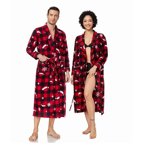 ANLIQI Couples Matching Chritsmas Robes Soft Fleece Red Plaid Robe Long Cozy Warm Bathrobe with Pockets (Womens,RP, M)