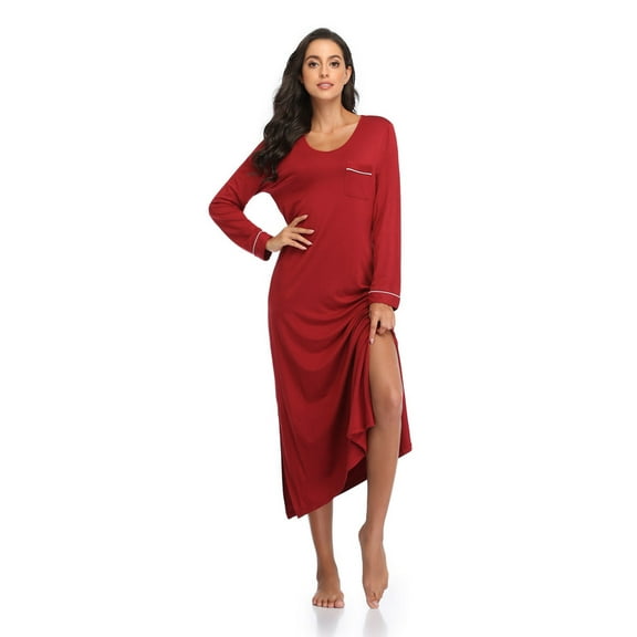 ANLIQI Full Length Sleepwear for Women Wide V-Neck Sleep Shirt Casual Long Night Dress Soft Loungewear with Pockets(Wine Red,S)