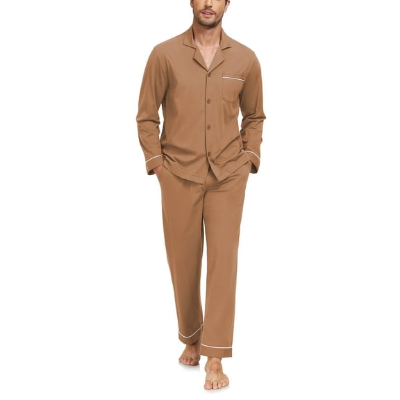 ANLIQI Men's 100% Cotton Pajamas Set Button Down Pajamas for Men Long Sleeve 2 Piece Sleepwear Lounge Sets with Pockets(Brown M)