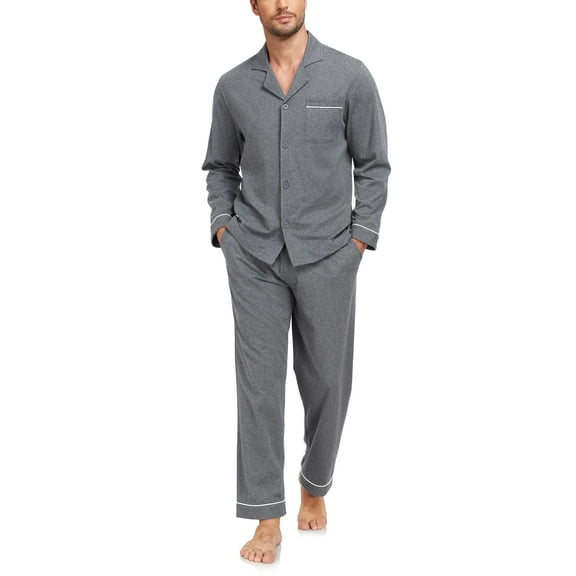 ANLIQI Men's 100% Cotton Pajamas Set Button Down Pajamas for Men Long Sleeve 2 Piece Sleepwear Lounge Sets with Pockets(Grey S)